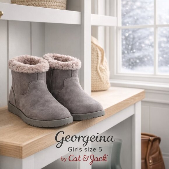 New Cat & Jack Georgeina Girls Sz 5 Gray. Faux: Suede, Fur & Sherling Boots. NIB - Picture 3 of 7